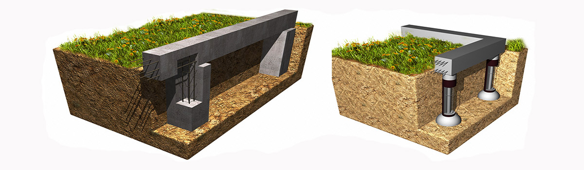 схема-визуализация устройства свайно-ленточного монолитного бетонного фундамента на буронабивных сваях